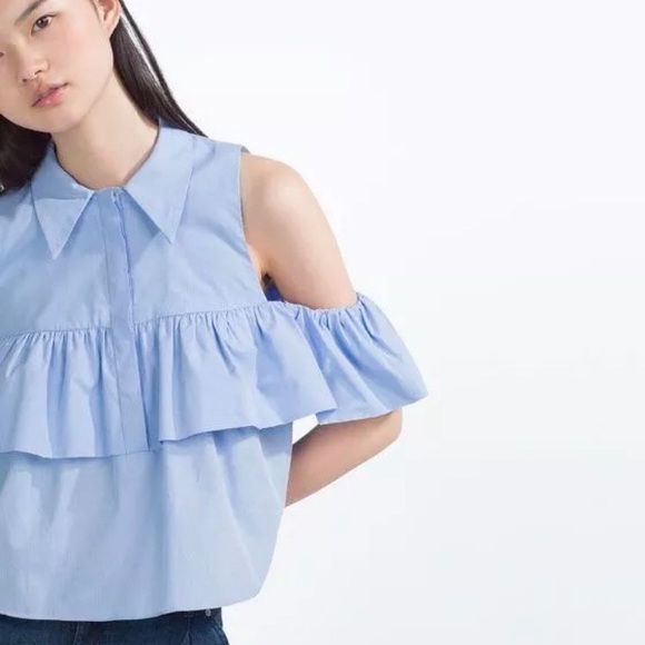 Zara Tops - Zara Blue Cold Off The Shoulder Button Down Shirt